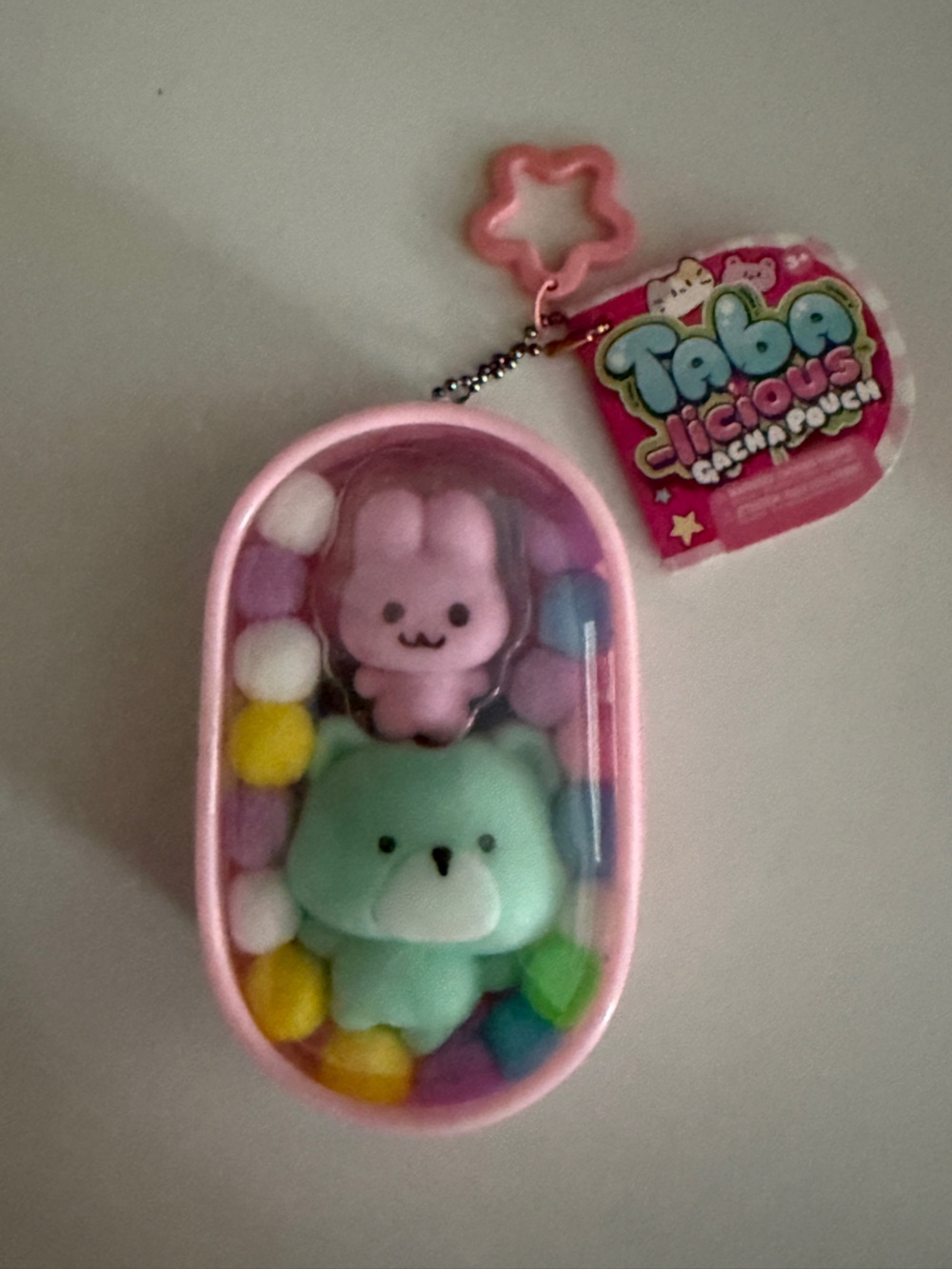 Taba-licious Pink Capsule Keychain with Mint Bear & Pink Bunny